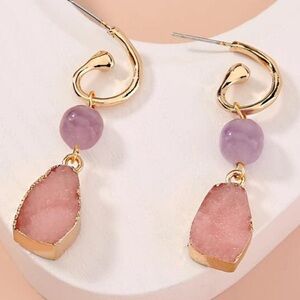 Boho Pink, Purple Druzy Faux Stone Geometric Drop Elegant Gold-tone Earrings